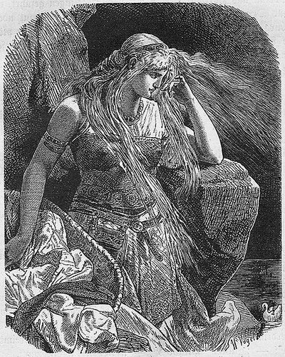 Gudrun by the sea, an 1880 illustration from a German popular edition of the epic. No poet's name is attached to Kudrun; it survives complete only in the sixteenth-century Ambraser Heldenbuch.