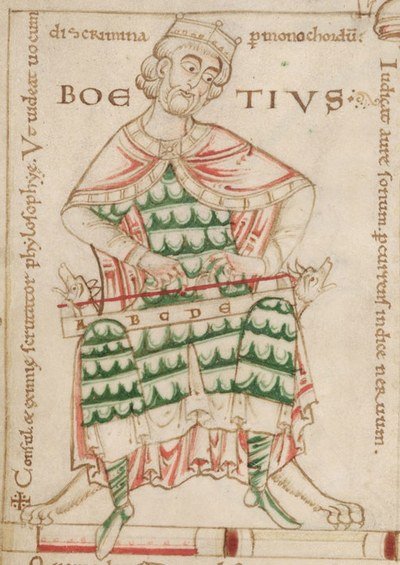Boethius in a manuscript illustration of the early 1100s, six centuries after his death.