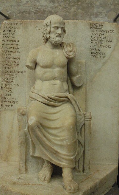 Statuette of Euripides, Louvre Ma 343, identified by an inscription on its base; the head was restored from a bust. Not a lifelike portrait of the poet.