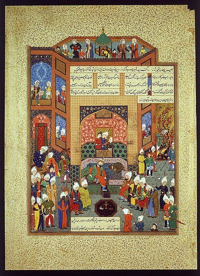 Sultan Mahmud of Ghazna receives the poet Ferdowsi, from a Shahnama made for Shah Tahmasp, about 1525 (Museum fuer Islamische Kunst, Berlin). Imagined, painted five centuries after his death.