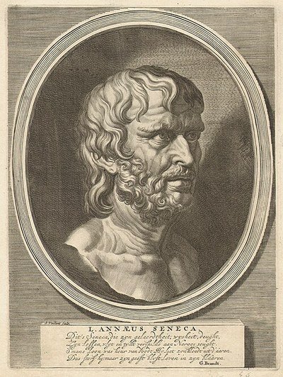 A bust then believed to be Seneca, engraved by Andries Vaillant after Rubens, about 1680. The bust is now called the pseudo-Seneca and is thought to be a Hellenistic poet; no likeness of Seneca made from life survives.