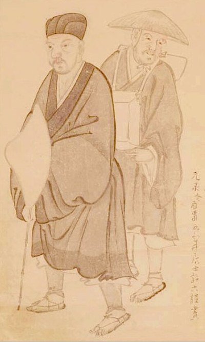Matsuo Basho, a portrait attributed to his disciple Morikawa Kyoriku (1656 to 1715), the nearest thing to a likeness from his own circle. The sheet shows two travelers; Commons titles it as Bashō’s and does not say which figure is he.