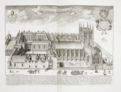 Merton College, Oxford, engraved by David Loggan for Oxonia Illustrata, 1675. Grimald was elected a fellow of Merton in 1547.