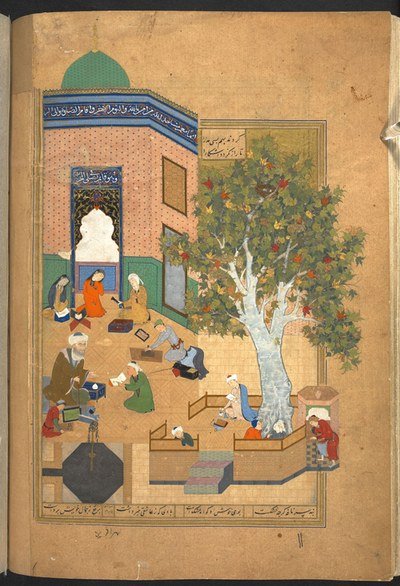 Layla and Majnun at school, a miniature from a Khamsa of Nizami made at Herat in the later Timurid style (British Library, Or. 6810). Contextual: an illustration of his poem, not a likeness of him.