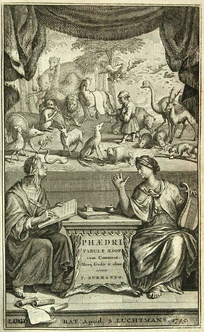 Phaedrus as engraved for Pieter Burman's 1745 Leiden edition of the Fabulae Aesopiae; the face is the engraver's invention.