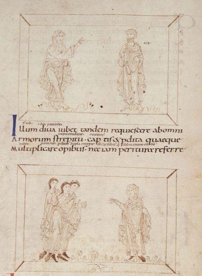 A leaf from a manuscript of the Psychomachia, British Library Add MS 24199, folio 11v. Prudentius wrote the poem about 400; the manuscript is late tenth-century English.