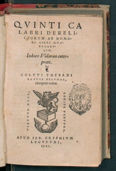 The title page of a 1541 Basel edition of the Posthomerica. No likeness of Quintus Smyrnaeus survives; almost nothing is known of him beyond his name and that he wrote some thirteen centuries after the events of the Iliad.