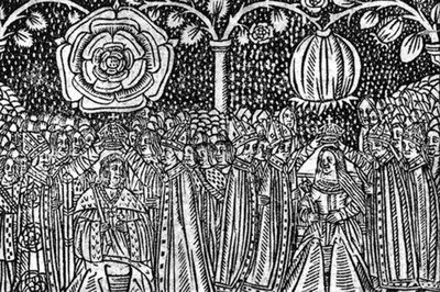 A sixteenth-century English woodcut of the coronation of Henry VIII and Catherine of Aragon, with the Tudor rose and the pomegranate.