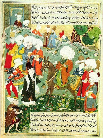 Rumi meeting Shams al-Din in Konya, folio from a Jami al-siyar manuscript, about 1600. Painted three centuries after his death; contextual, not a portrait.
