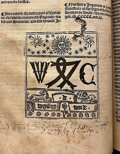 The printer's device of Wynkyn de Worde, used before about 1520. De Worde printed Hawes's The Pastime of Pleasure in 1509.