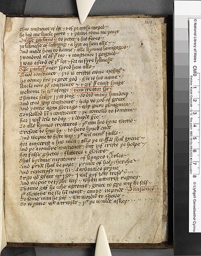 Piers Plowman in an early 15th-century manuscript, National Library of Wales MS 733B. No likeness of Langland survives.